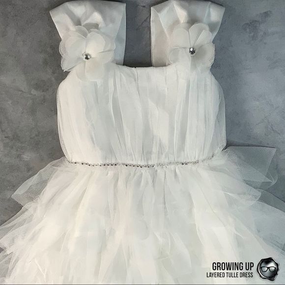 LAYERED MESH TULE PARTY DRESS IN OFF WHITE TEA LENGTH EMPIRE WAIST GIRLS SIZE 4 - Picture 4 of 15